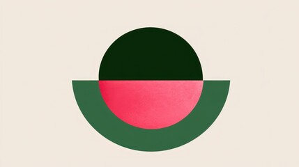 Abstract geometric design with a dark green, dark pink and black circle