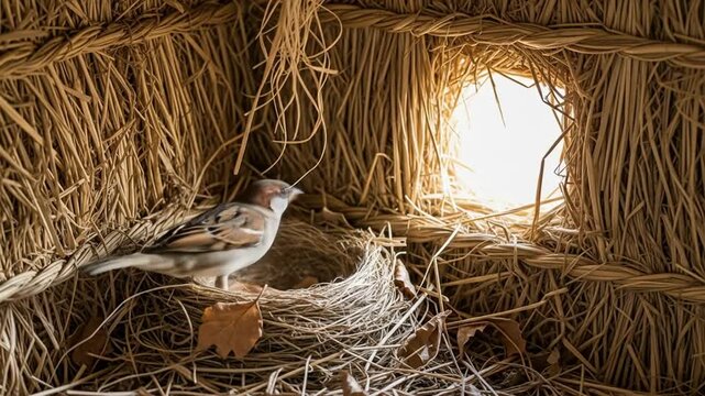 Sparrow in nest with autumn leaves inside a straw birdhouse
