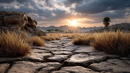 Endless golden dunes under a bright, intense sun, the dry, cracked earth showing the harsh reality of this arid wilderness.