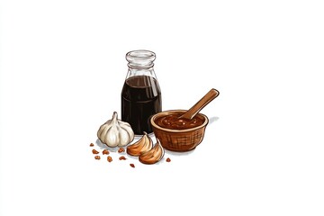 Dark sauce, garlic, and bottle illustration