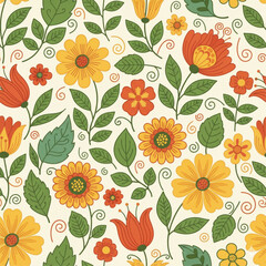 Seamless Botanical Floral Pattern &ndash; Colorful Decorative Flower and Leaf Background