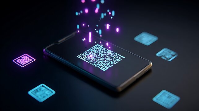 A smartphone displaying a QR code with a glowing, futuristic design, surrounded by digital icons and a glowing, abstract pattern.
