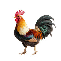 Fototapeta premium A vibrant. colorful rooster stands proudly against a plain background. its majestic feathers and posture. symbolizing farm life and natures beauty. ideal for agricultural or wildlife themes