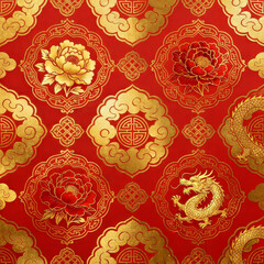 Seamless pattern of traditional embroidery on red and gold silk against a festive background with copy space