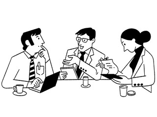 Cute vector illustration characters of businesspeople talking, discussing, having meeting, explanation, finding solutions. Outline, thin line art, hand drawn sketch design, doodle. 