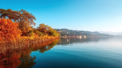 Fototapeta premium A beautiful autumn landscape, showcasing a mountain lake, orange leaves, and a clear blue sky, displays the vivid colors of the season — perfect for wallpaper.
