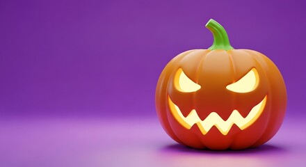 Scary jack o lantern with glowing eyes and teeth on purple background