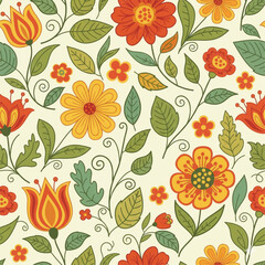 Seamless Botanical Floral Pattern – Colorful Decorative Flower and Leaf Background