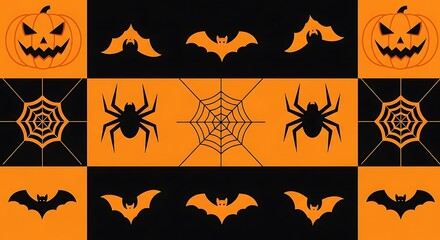 Halloween pattern with pumpkins bats spiders and spiderwebs on orange and black background