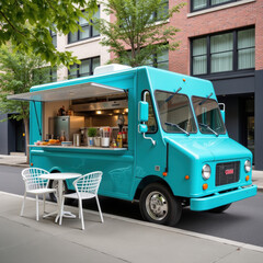 Fototapeta premium Vibrant food truck parked city street, featuring bright turquoise exterior and inviting serving window. setup includes small outdoor dining area