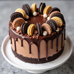 Decadent chocolate cake topped with cookies and cream, featuring glossy ganache drip and variety of cookies for delightful treat