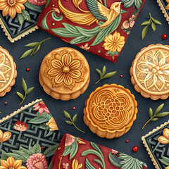 
Seamless pattern of round pastries and cultural textiles against a festive background with copy space