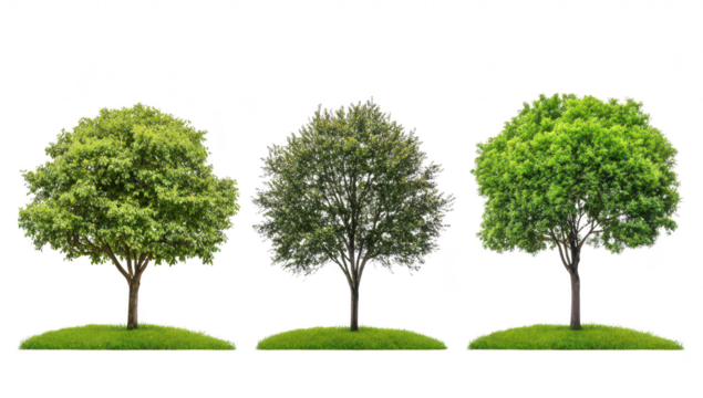 A trio of lush trees varying shades of green foliage. set against a clean white background. symbolizing natures diversity and vitality. ideal for environmental themes