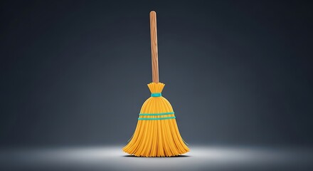 Traditional broom with bright yellow bristles and teal accents