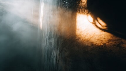 Abstract Waterfall Scene with Mist and Warm Sunset Light