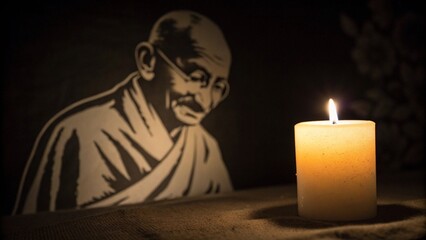 A burning candle glowing warmly beside portrait of Mahatma Gandhi in dark background