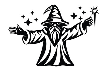Black and white wizard silhouette presents a glowing wand amidst twinkling stars