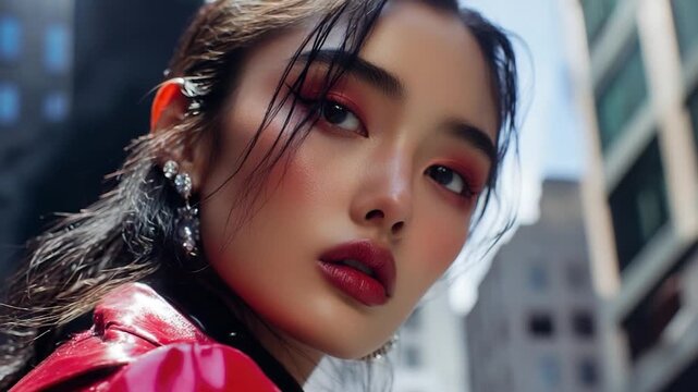 A woman dressed in a bold red jacket with matching earrings, likely for a special occasion or as part of her personal style