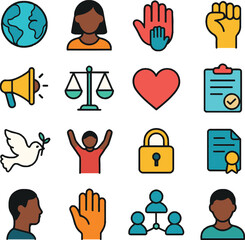 Flat vector icons about human rights, equality, freedom, justice, and diversity. Perfect for NGO projects, campaigns, web, apps, education, and awareness materials.