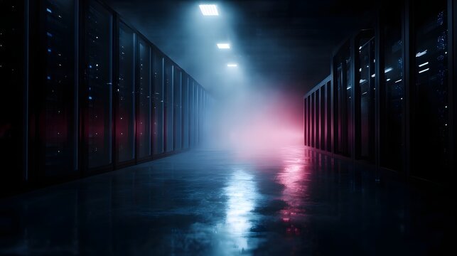 Futuristic server room corridor with glowing racks and atmospheric fog representing data processing and technology