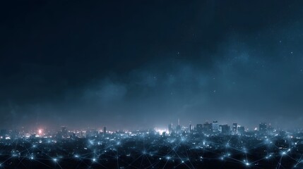 Futuristic smart city skyline at night with a glowing digital network overlay connecting illuminated buildings under a starry sky