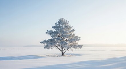 Obraz premium Snow Covered Tree Standing Alone in Bright Winter Landscape