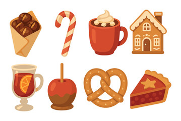 Festive holiday treats: chocolate, candy cane, hot cocoa, gingerbread, mulled wine, caramel apple, pretzel, pie