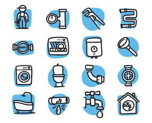 Plumbing. Set of hand-drawn conceptual illustrations. Cartoon style in vector.