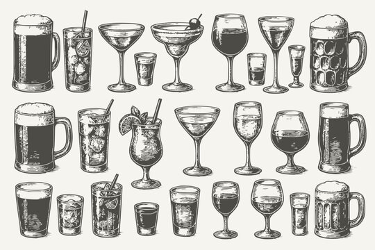 Vintage Black and White Alcoholic Beverage Glassware Set with Engraved Bar Style and Garnishes