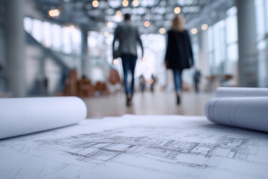Close-up view of detailed architectural plans in the foreground while colleagues walk in a bright and modern office space. The atmosphere is collaborative and professional