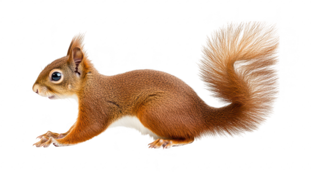 A playful red squirrel stretching its body in a natural pose. its fluffy tail and curious expression. set against a clean white background. ideal for wildlife photography
