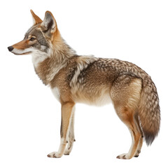 Fototapeta premium A side profile of a healthy coyote standing gracefully. its sleek fur and alert demeanor. set against a clean white background. ideal for wildlife education and nature conservation