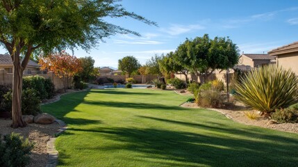 Obraz premium In a spacious suburban backyard, a vibrant green lawn stretches under the sun. Colorful trees and plants create a serene atmosphere, perfect for outdoor activities