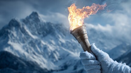 A white-gloved hand holds the burning Olympic torch against a backdrop of snow-capped mountains, a concept of the Winter Olympics in Italy.