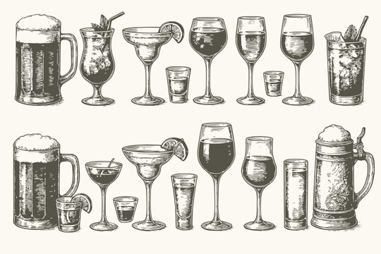Vintage Black and White Alcoholic Beverage Glassware Set with Engraved Bar Style and Garnishes