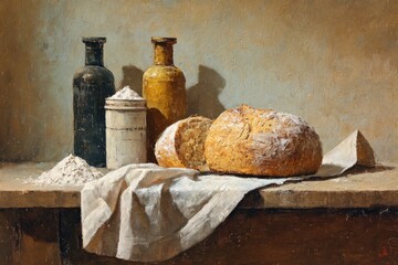 A still-life scene features freshly baked bread beside flour on a wooden table. Two vintage jars stand in the background, enhancing the cozy atmosphere of a traditional kitchen