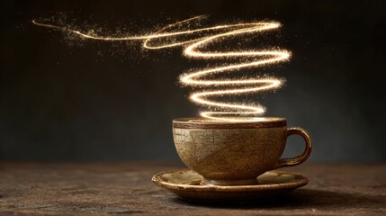 longevity. Vintage coffee cup with an infinite glowing spiral, symbolizing longevity and ritual. bar promotions, beverage menus, designed for food & beverage menus and cafe branding.