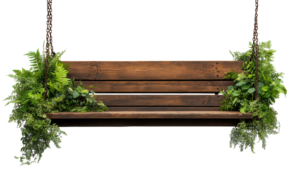 Wooden garden swing with greenery on transparent background