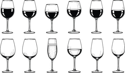 Wine glass vector set, red and sparkling wine illustration, elegant drinkware design, beverage comparison chart, stylish barware, alcohol theme
