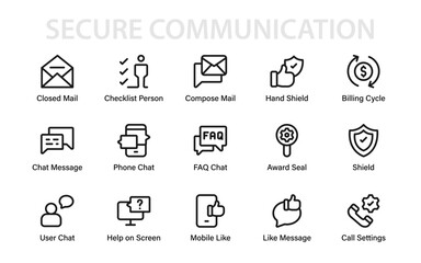 Modern line icon set featuring shield, chat, FAQ, mail, call, settings, billing, checklist, and support elements for communication and security design.