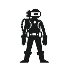 Black silhouette figure wearing VR headset and futuristic suit stands isolated on white