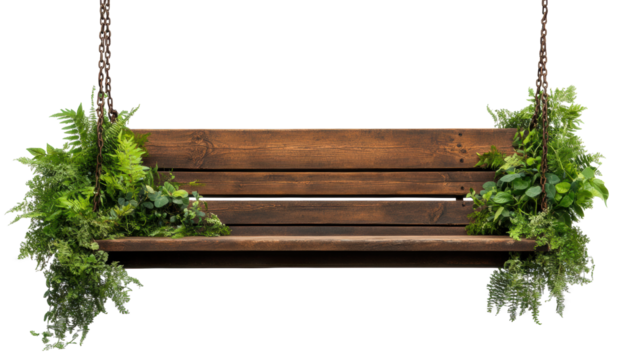 Wooden garden swing with greenery on transparent background