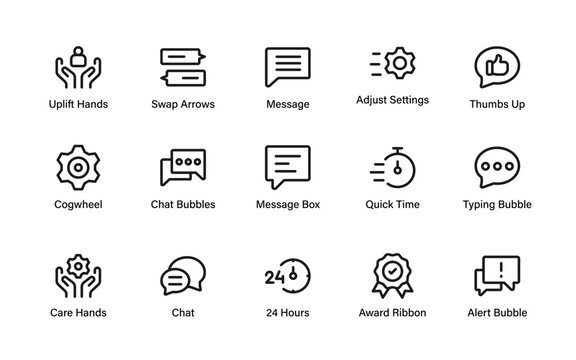 Essential communication and support line icon set with message bubbles, alerts, settings, care hands, award ribbons, quick time, and swap arrows