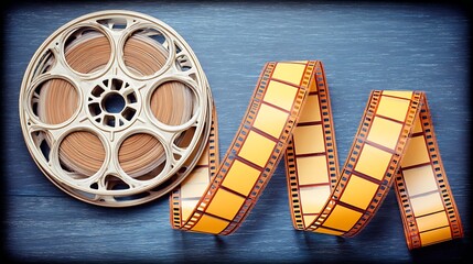 Reel of Film Strip and Film Roll on Blue Wooden Surface