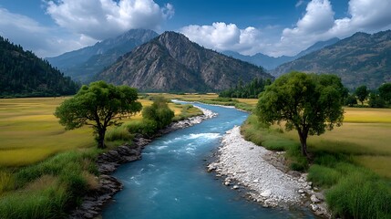 A sweeping aerial view of a braided river system with multiple bright blue channels meandering through white sandbars, against the backdrop of green fields and distant mountains.