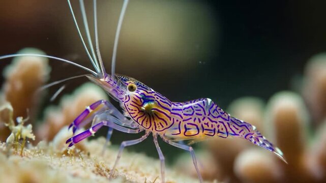 Beautiful colorful shrimp underwater on coral reef close up