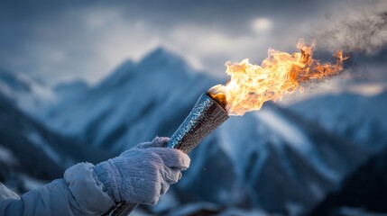 A white-gloved hand holds the burning Olympic torch against a backdrop of snow-capped mountains, a concept of the Winter Olympics in Italy.