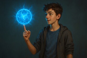 Young student interacting with floating energy ball, exploring innovative technology and sustainable energy solutions