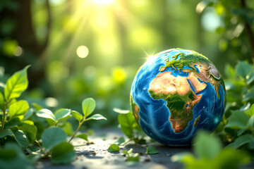 Bright Earth Globe Surrounded by Lush Greenery in Natural Setting