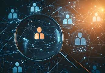 A magnifying glass over an icon of a person on a dark background with social network connection